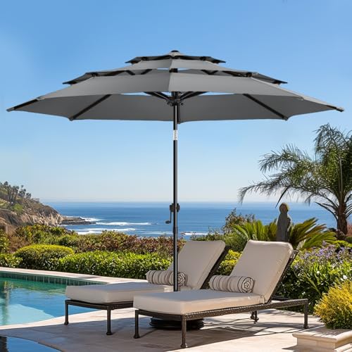 wikiwiki 9ft 3-Tier Patio Umbrella Outdoor Table Market Umbrella for Patio with Push Button Tilt/Crank, Fade Resistant Waterproof POLYESTER Canopy for Garden, Lawn, Deck, Backyard & Pool, Dark Gray - color: Dark Gray, size: 9 FT