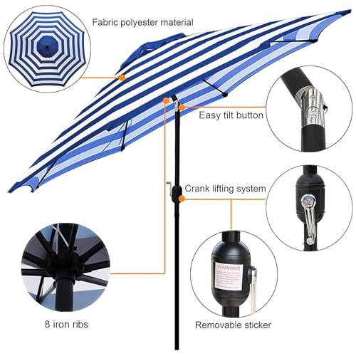 Blissun 9' Outdoor Patio Umbrella, Outdoor Table Umbrella, Yard Umbrella, Market Umbrella with 8 Sturdy Ribs, Push Button Tilt and Crank - color: Blue & White Stripe