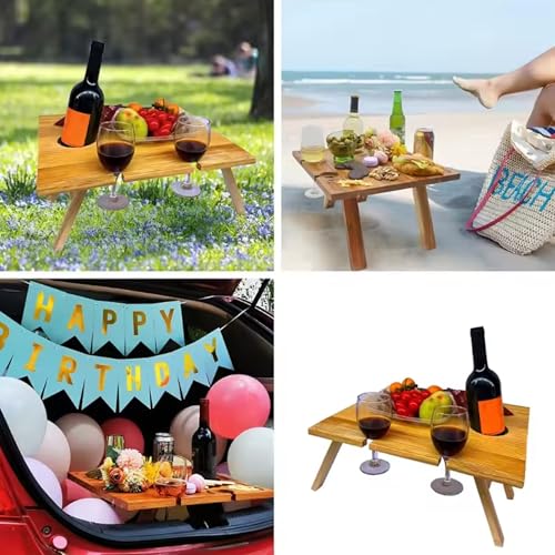 Picnic Table Portable Picnic Table Wooden 13x12x6 Folding with Wine Glass Holder Slot & Wine Bottle Holder Hole for Outdoor Lawn Garden Park