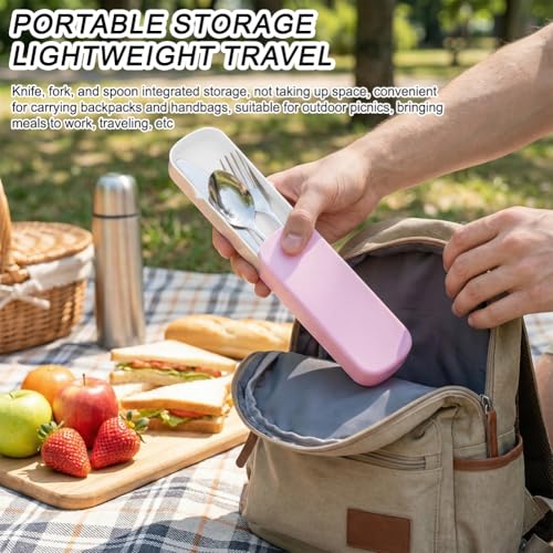 Portable Utensils Set,3-Piece Reusable Silverware,Travel Utensils with Case for Lunch Camping Picnic(Pink) - color: Pink