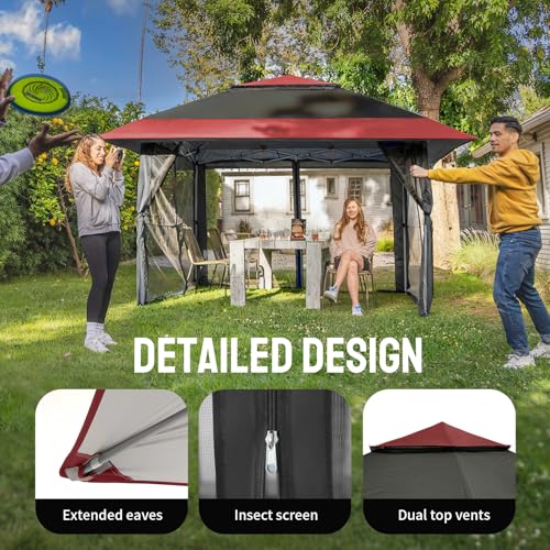 CROWN SHADES 11x11 Pop Up Gazebo, Patented One Push Outoor Canopy Tent with Wheeled STO-N-Go Cover Bag, Pop Up Canopy with Netting for Patio, Backyard (11x11, Red &Grey) - color: Red & Grey, size: 11x11