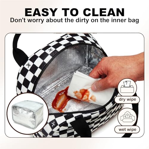 LEDAOU Lunch Box for Women Insulated Lunch Bag Corduroy Lunch Tote Bags Leakproof Cooler Lunch Case for Travel Work Picnic (Black Checkered Bow) - color: Black Checkered Bow