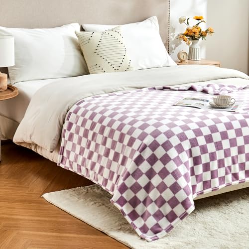 Edenleaf Checkered Blanket Flannel Throw Blankets Soft Cozy Checkered Grid Print Chessboard Gingham Pattern Throws for Bed Sofa Couch for All Seasons, 50x60 Inch, Purple - color: 01 Purple, size: Throw-50"x60"