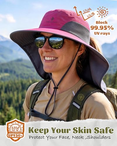 Camptrace Sun Hats for Women Men UPF 50+ UV Protection Wide Brim Hiking Fishing Hat with Neck Flap - color: 03-fuchsia