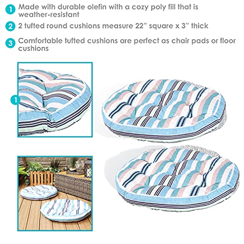 Sunnydaze Tufted Large Round Floor Cushion - Set of 2 - Unique Outdoor/Indoor Chair Cushions or Meditation Cushions - 300D Olefin with Polyester Fill - 22-Inch Diameter - Seaside Stripes - color: Seaside Stripes