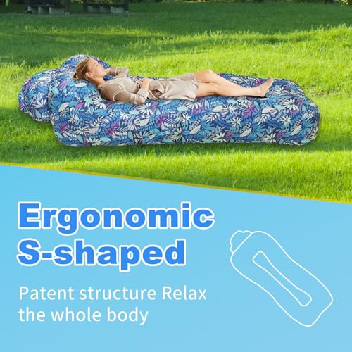 Inflatable Couch, Inflatable Lounger Air Sofa | No-Pump Blow Up Couch | Ergonomic Design, Air Couches Outdoor for Camping & Park & Beach, Upgrade Your Camping Accessories - color: Blue Leaf, style: Standard - No Sunshade