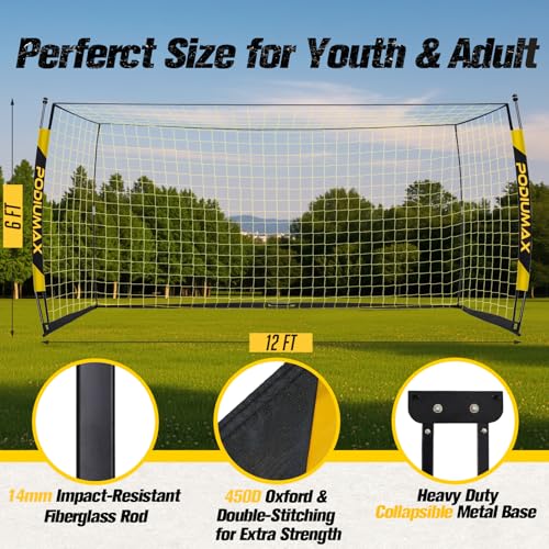 PodiuMax Soccer Goal, 12X6FT Soccer Goals for Backyard Training, Upgraded Collapsible Metal Base, Portable Soccer Goal for Indoor Outdoor, Easy Set Up Soccer Net with 1 Carry Bag & 4 Ground Stakes