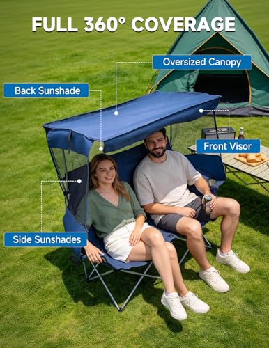 East Oak Double Camping Chair with Canopy | 24" High Back Camping Couch for Adults with 360° Sun Protection, 13 lbs Lightweight, 660 lbs Heavy Duty Canopy Chair for Outdoors - color: Blue, style: Camp Couch