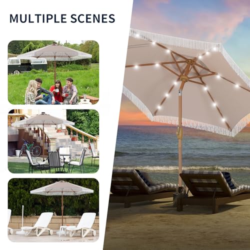 GDY 7.5 ft Fringe Patio Umbrella with 18 LED Solar Lights ，Stylish Fringe Decor for Graden, Pool, Beach, Deck, Khaki - color: Camel+18 Lights, size: Umbrella Only