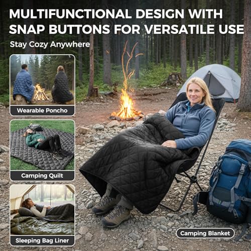 ATEPA Wearable Sleeping Bag, Recycled Water-Resistant Camping Blanket Poncho, Ultralight Packable Stadium Blanket for Outdoor - color: Aero Camping Blanket Black