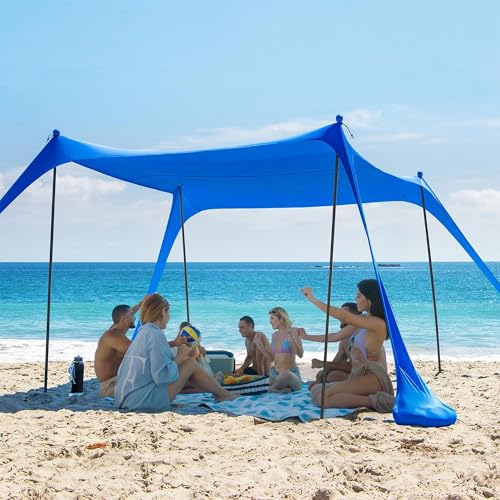 AMMSUN Beach Tent Sun Shelter, 11x11 FT Beach Canopy Tent Sun Shade with 4 Sand Anchor & Sand Bags | UPF 50+ Protection | 4 Thickened Poles | Windproof & Lightweight for Camping, Blue - color: Blue, size: 11x11 FT (4 Pole)