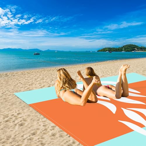 Beach Blanket Waterproof Sandproof Oversized, 9 Ft X 10 Ft Extra Large Sand Free Beach Mat with 4 Stakes, Compact Outdoor Essentials with Storage Bag for Beach, Picnic, Camping, Travel - color: Coral Blue, size: 9x10 FT (1～8 person)