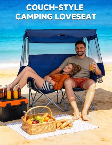 East Oak Double Camping Chair with Canopy | 24" High Back Camping Couch for Adults with 360° Sun Protection, 13 lbs Lightweight, 660 lbs Heavy Duty Canopy Chair for Outdoors - color: Blue, style: Camp Couch