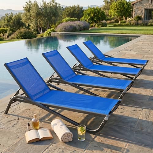 Patio Chaise Lounge Chairs Set of 4, All-Weather Aluminum Pool Loungers for Outside, 5-Position Adjustable Sunbathing Chairs for Tanning, Stackable for Backyard, Poolside, Cobalt Blue - color: Cobalt Blue, size: Set of 4