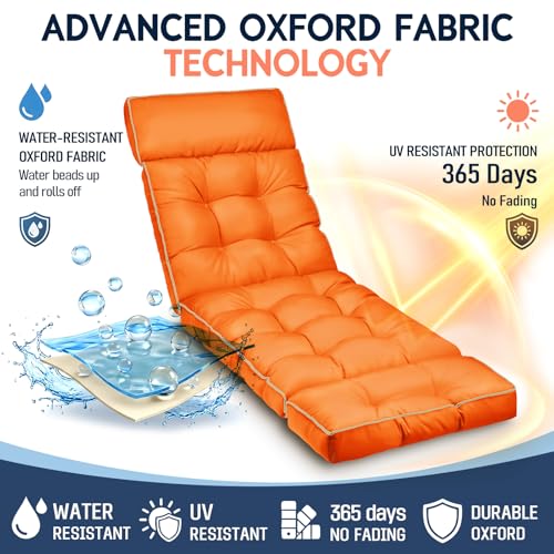 MAGIC ELEPHANT Chaise Lounge Cushions Outdoor, Memory Foam Replacement Patio Pool Lounge Chair Cushion with Ties for Outdoor Furniture, 74 x 22 x 4 Inch (Orange) - color: Orange