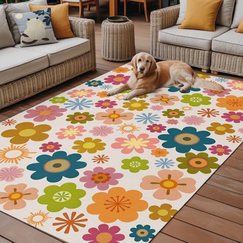 Outdoor Rug, Colorful Flower Boho Style Indoor Area Rug Outdoor Carpet RV Camping Rugs 5x8ft Retro Flowers Outside Mat for Patio Picnic Porch Deck Balcony Backyard - size: 5' x 8' (Rectangular)