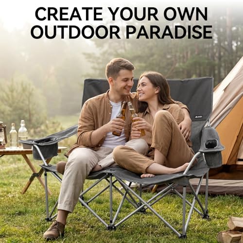 Huskfirm Low Camping Chair Lightweight Double Camping Chair Heavy Duty 2 Person Camping Chair with Cup Holders Padded High Back Camping Loveseat Supports 500 LBS-Grey