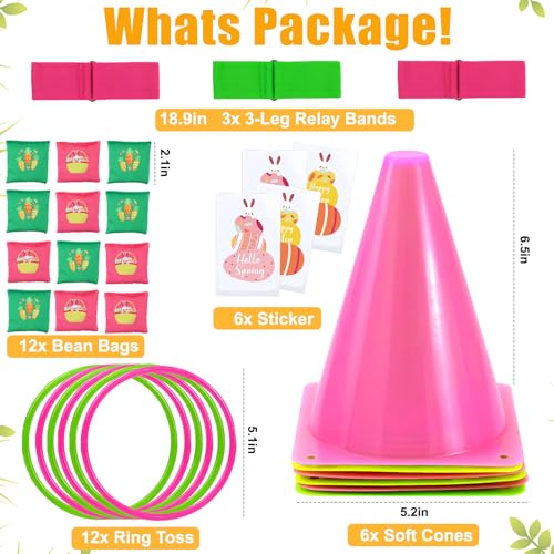 4 in 1 Easter Outdoor Games for Kids and Family, Easter Party Game with Ring Toss, Plastic Cones, Bean Bags, 3-Legged Race Bands, Carnival Spring Games Activities Combo Set for Adult Yard Classroom - color: Easter Green - Sticker