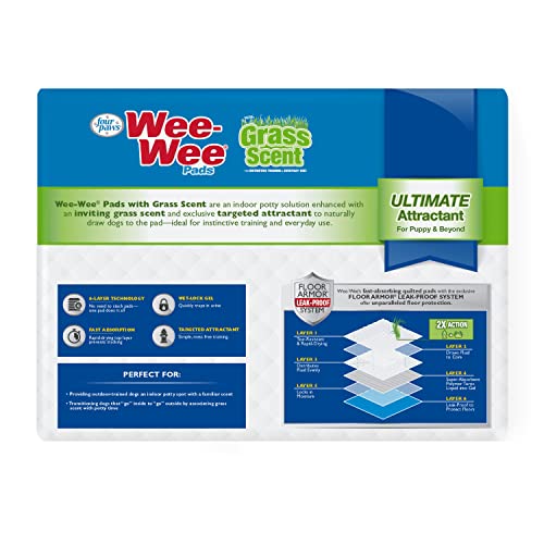 Four Paws Wee-Wee Ultimate Attractant Dog Pee Pads for Instinctive Training, Leak-Proof Floor Protection Dog & Puppy Quilted Potty Training Pads, Grass Scent, 22" x 23" (50 Count)