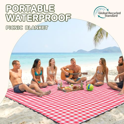 Genovega Waterproof Picnic Blanket Beach Outdoor Camping Mat Rug Extra Large Foldable Cute Big Travel Essential Accessories Gift Park Patio Lawn Garden Grass Mother day Gift Must Have Checkered - color: Checkered Red, size: 6'8" x 6'8" (Square)