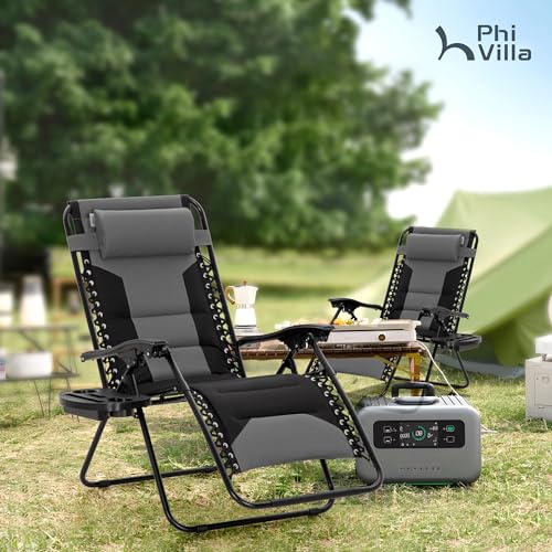 PHI VILLA Zero Gravity Chair Set of 2, Padded Anti Gravity Recliner, Oversized 28" Wide Seat, Foldable Patio Lounger with Armrest & Cup Holder, Supports 400 LBS (Grey) - color: Grey
