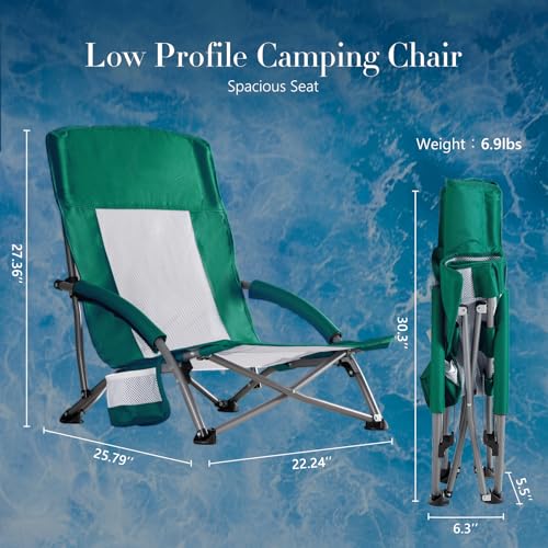 DUMOS Low Camping Beach Chair, Lightweight Folding Portable Beach Chair with Cup Holder, Storage Pocket, Breeze Mesh Back, Padded Armrests, Low Profile Chair for Camp, Picnic, Lawn, Sand, Green - color: Green, size: 25.79*22.24*27.36inch