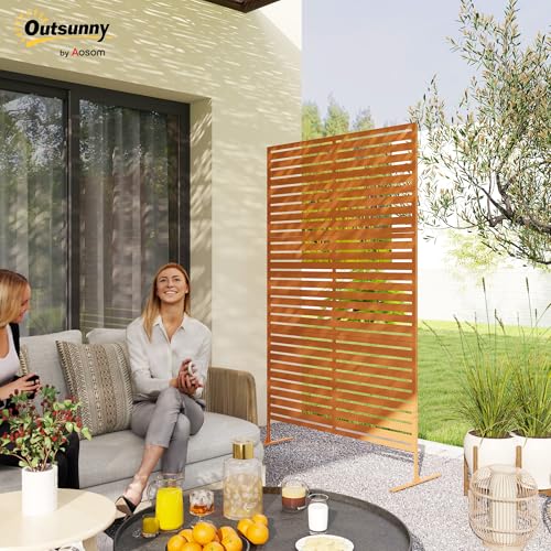 Outsunny Metal Outdoor Privacy Screen, 78" H x 48" W Decorative Privacy Fence Screen, Freestanding Outdoor Divider with Stand, Climbing Plant Trellis for Garden Walkway, Balcony, Patio, Striped Brown - color: Brown/Striped