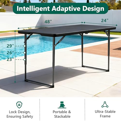 Folding Table 4FT Heavy Duty Plastic Table with Handle, Foldable&Portable, Fold-in-Half Utility Tables for Outdoor, Dining, Wedding, Events, Indoor, Picnic, Camping, Party, Black - color: Black, size: 4FT