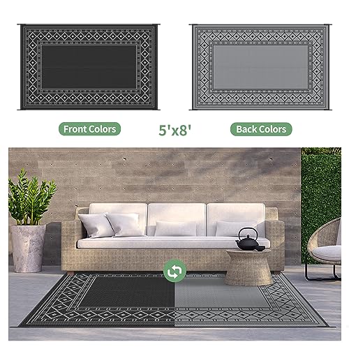 GENIMO Outdoor Rug 5'x8' Waterproof for Patio Decor, Reversible Outdoor Plastic Straw Rug Carpet, Camping Mats for Outdoor, RV, Backyard, Deck, Balcony, Picnic, Black & Grey - color: Black & Grey | Natural, size: 5' x 8' (Rectangular)