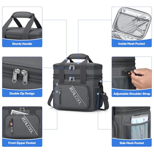 RealCool Lunch Bag, Insulated Lunch Box for Men Women, Double Deck Leakproof Soft Cooler Bag with Adjustable Strap, Reusable Lunchbox for Work, Travel, Camping (Grey) - color: Gray