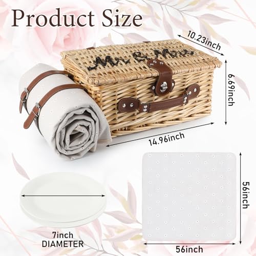 Picnic Basket for 2, Engagement Wedding Bridal Shower Gifts for Couples Bride, Wicker Picnic Basket with Waterproof Blanket & Insulated Liner Willow Hamper Set for Mr and Mrs Outdoor Camping