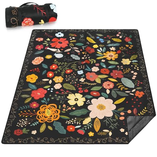 Picnic Blankets Waterproof Large, 80"x 60" Outdoor Beach Blanket Sandproof Foldable Lightweight Portable 3-Layer Camping Mat for Parks,Hiking,Travel,Music Festival,Concerts(Boho Flower) - color: Black Boho Flower, size: 5' x 6'8" (Rectangular)
