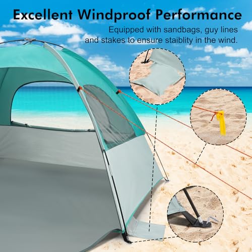WhiteFang Beach Tent Anti-UV Portable Sun Shade Shelter for 3/4/6/8 Person, Extendable Floor with 3 Ventilating Mesh Windows Plus Carrying Bag, Stakes and Guy Lines - color: Mint Beige, size: 3 Person