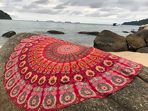 raajsee Mandala Round Beach Tapestry Hippie Mandala/Boho Decor Beach Blanket/Indian Cotton Throw Bohemian Round Table Cloth Mandala/Yoga Mat Meditation Picnic Rugs (RED) - color: RED