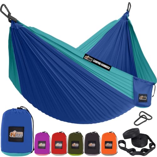 GORILLA GRIP Durable Camping Hammock with Heavy Duty Tree Straps, Portable Hammocks for Outside, Easy to Use Travel Swing Chair, Outdoor Camper Hiker Essentials, Backpacking Gear Gifts, Double, Blue - color: Dark Blue/Light Blue, size: Double (10' x 6.5')