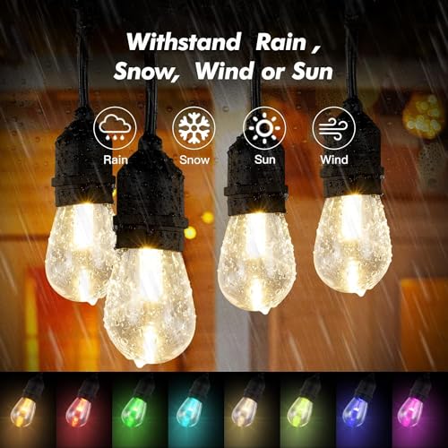 Auroraworld 96FT RGB Outdoor String Lights, Dimmable Color Changing Waterproof LED Patio Lights with Remote, 30 Shatterproof Bulbs for Garden Yard Party Decor - size: S14 96 Ft Rgb