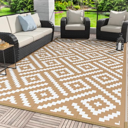 GENIMO Outdoor Rug for Patio Clearance, 6'x9' Waterproof Camping Mat, Reversible Plastic Straw Rugs for RV, Camper, Balcony, Backyard, Picnic, Deck (Brown & White) - color: Brown&white, size: 6' x 9' (Rectangular)