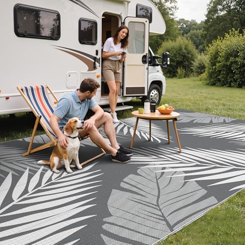GENIMO Outdoor Rug 9' x 18' Waterproof for Patios Clearance, Reversible, Plastic Straw Camping Rug Carpet, Large Area Rugs Mats for RV, Picnic, Backyard, Deck, Balcony, Porch, Beach, Grey&White - color: Grey & White | Waterproof, size: 9' x 18' (Rectangul