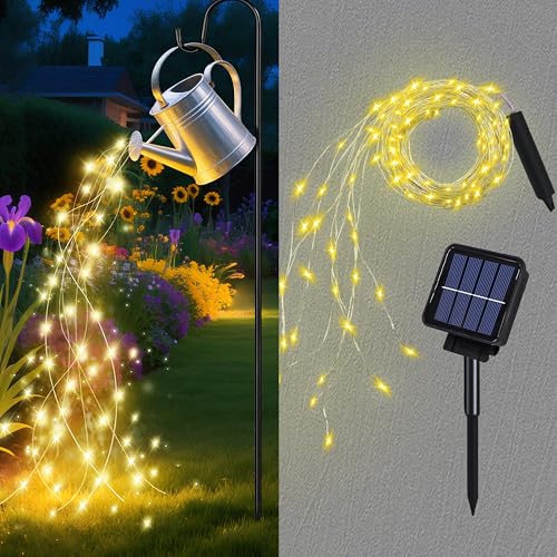 ANGMLN Solar Fairy String Lights Outside, 10 Strand 200 LEDs 8 Modes Watering Can Light for Outdoor（No Can）, Firefly Bunch Lights Waterproof Solar Powered Waterfall Lights for Garden Decor - style: Waterfall String Lights Warm White