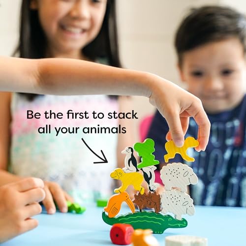 HABA Animal Upon Animal Game - Classic Wooden Tower Stack Game for Kids and Adults, STEM & Dexterity Party Activity for Ages 4+, Compact On the Go Edition