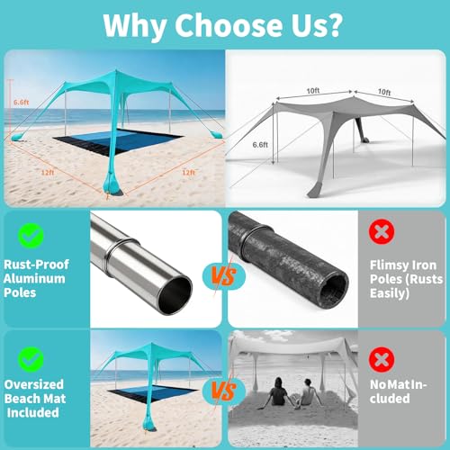 12x12 FT Beach Tent Sun Shelter UPF 50+, XL Beach Canopy with 4 Thickened Aluminum Poles, Sandbags, Windproof Portable Beach Sun Shade with Beach Blanket, Shovels, for Outdoor Camping Fishing RV Trip
