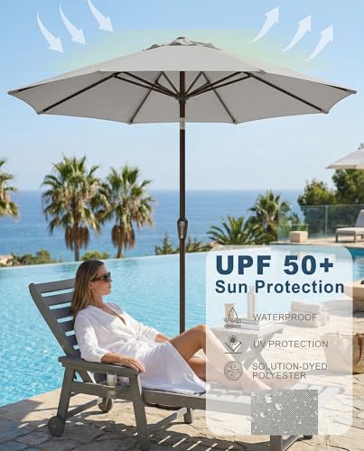 PatioKingdom Auto-Tilt 9FT Patio Umbrella Outdoor with 8 Sturdy Fiberglass Ribs,Market Table Umbrella for Pool,Backyard,Deck and Garden - color: Light Gray, size: 9FT