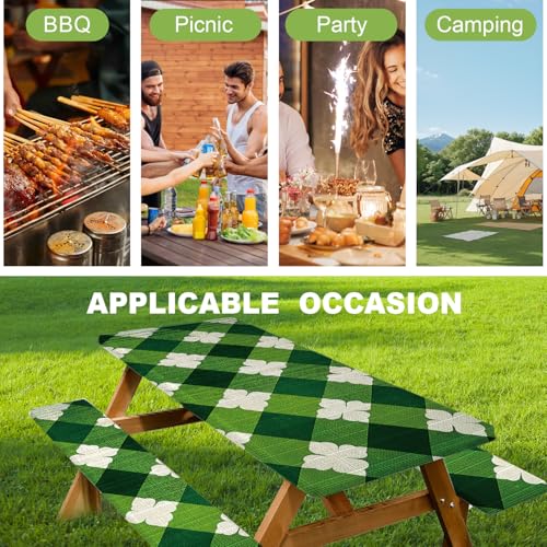 ANNA QUEEN St. Patrick’s Day 6FT Picnic Table Cover with Bench Covers Set of 3 with Drawstring Bag, Green Plaid Clover 72"x30" Waterproof Picnic Tablecloth & Bench Covers - color: #63