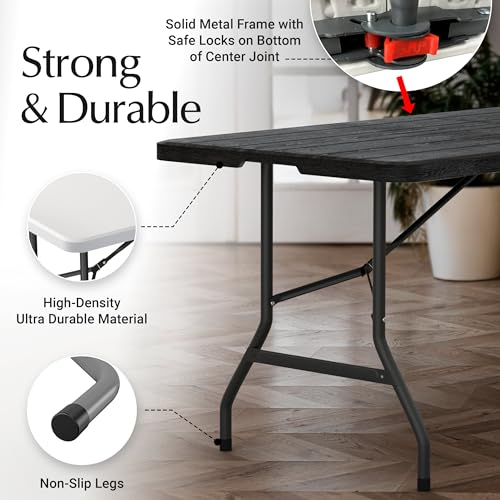 6 Feet Foldable Table with Built in Handle & Steel Legs | 6FT Heavy Duty Folding Portable | Perfect for Party, Dining, Wedding, Events, Picnic Indoor, Outdoor, Camping, Utility, Folding - 6 Foot - color: Black, size: 6 FT