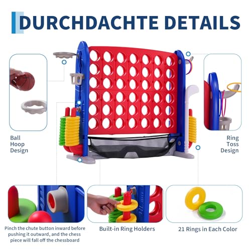 4-in-1 Giant 4-in-a-Row Connect Game Set with Basketball Hoop & Ring Toss – Height Adjustable Jumbo Outdoor Yard Game, Quick Release, for Kids & Adults – Red Mainboard with Blue Side Panels