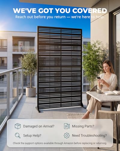 Outdoor Privacy Screen 72" H x 47" W | 37lb Heavy-Duty Metal Fence Panel, Matte Black | Freestanding with Expansion Anchors for Patio, Balcony, Pool, Deck — Modern Slatted Design - color: Matte Black