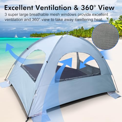 WhiteFang Beach Tent Anti-UV Portable Sun Shade Shelter for 3/4/6/8 Person, Extendable Floor with 3 Ventilating Mesh Windows Plus Carrying Bag, Stakes and Guy Lines - color: Sierra Blue, size: 4 Person