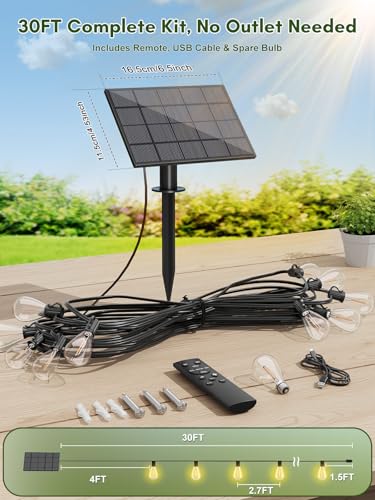 30FT Solar String Lights Outdoor Waterproof, 10+1 LED Solar Powered Lights with Remote Control, 3 Light Modes & Dimmable, USB-C Charging for Patio, Backyard, Garden, Camping - size: 30FT