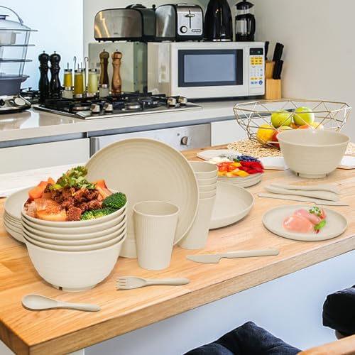 SHECIPIN 42-Piece Wheat Straw Dinnerware Set, Large Round Plates, Bowls and Cups, Unbreakable dish set, Dishwasher and Microwave Safe, Outdoor Dishes (Beige) - color: Beige