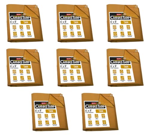 Mytee Products (8 Pack) 6' x 8' Tan Canvas Tarp 12oz Heavy Duty Water Resistant - color: Tan (8 Pcs), size: 6' x 8'